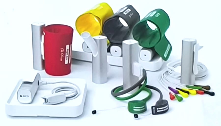 MESI mTABLET system: blood pressure cuffs for arms and ankles, ECG leads and a pulse oximeter